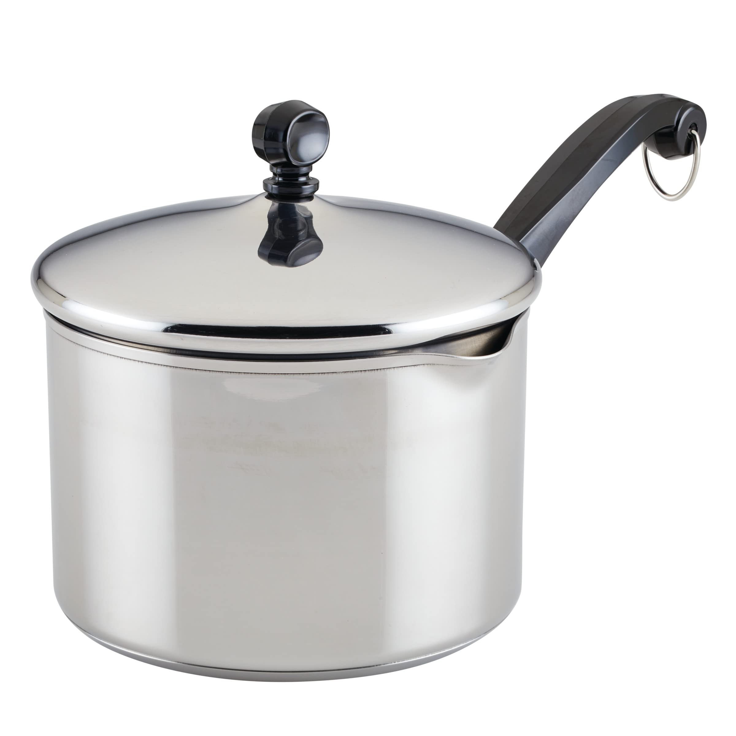 Farberware 3-quart front view showing polished stainless finish and lid, classic look