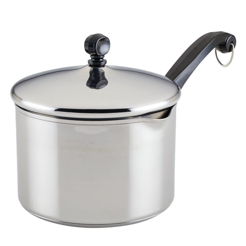 Farberware 3-quart front view showing polished stainless finish and lid, classic look