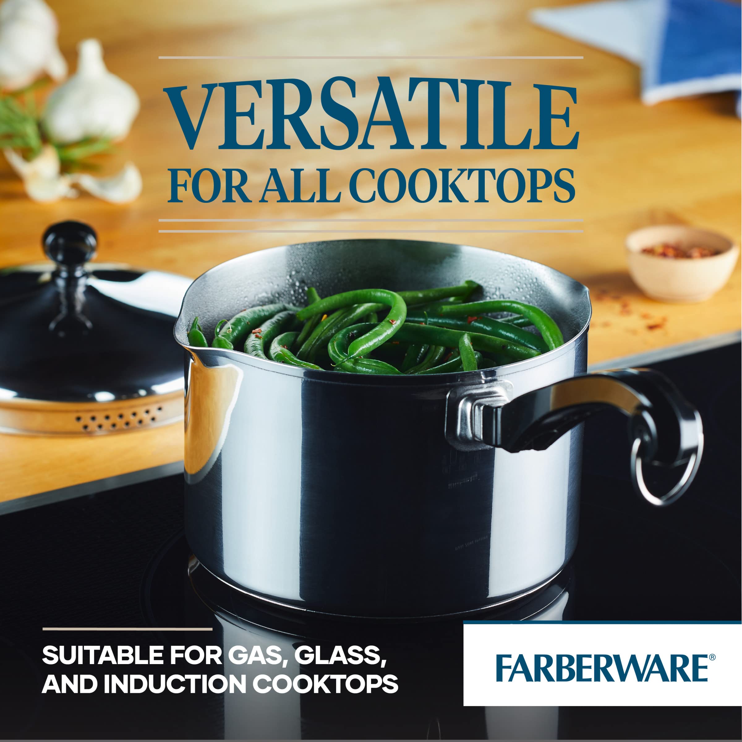 Farberware pan bottom showing full-cap aluminum-core base for fast even heating