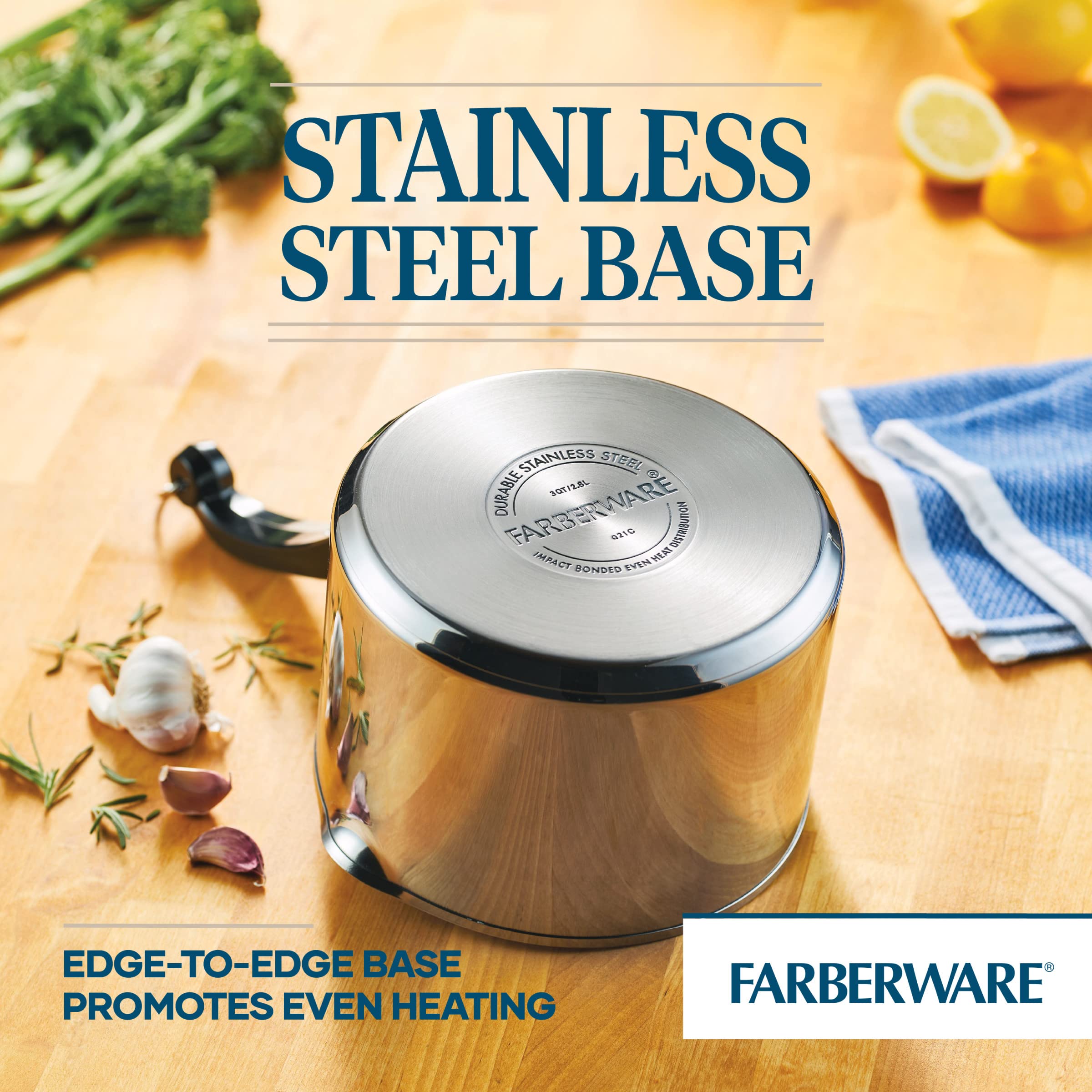 Farberware saucepan in use on stovetop demonstrating quick, even cooking