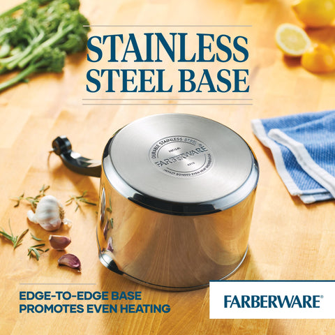 Farberware saucepan in use on stovetop demonstrating quick, even cooking