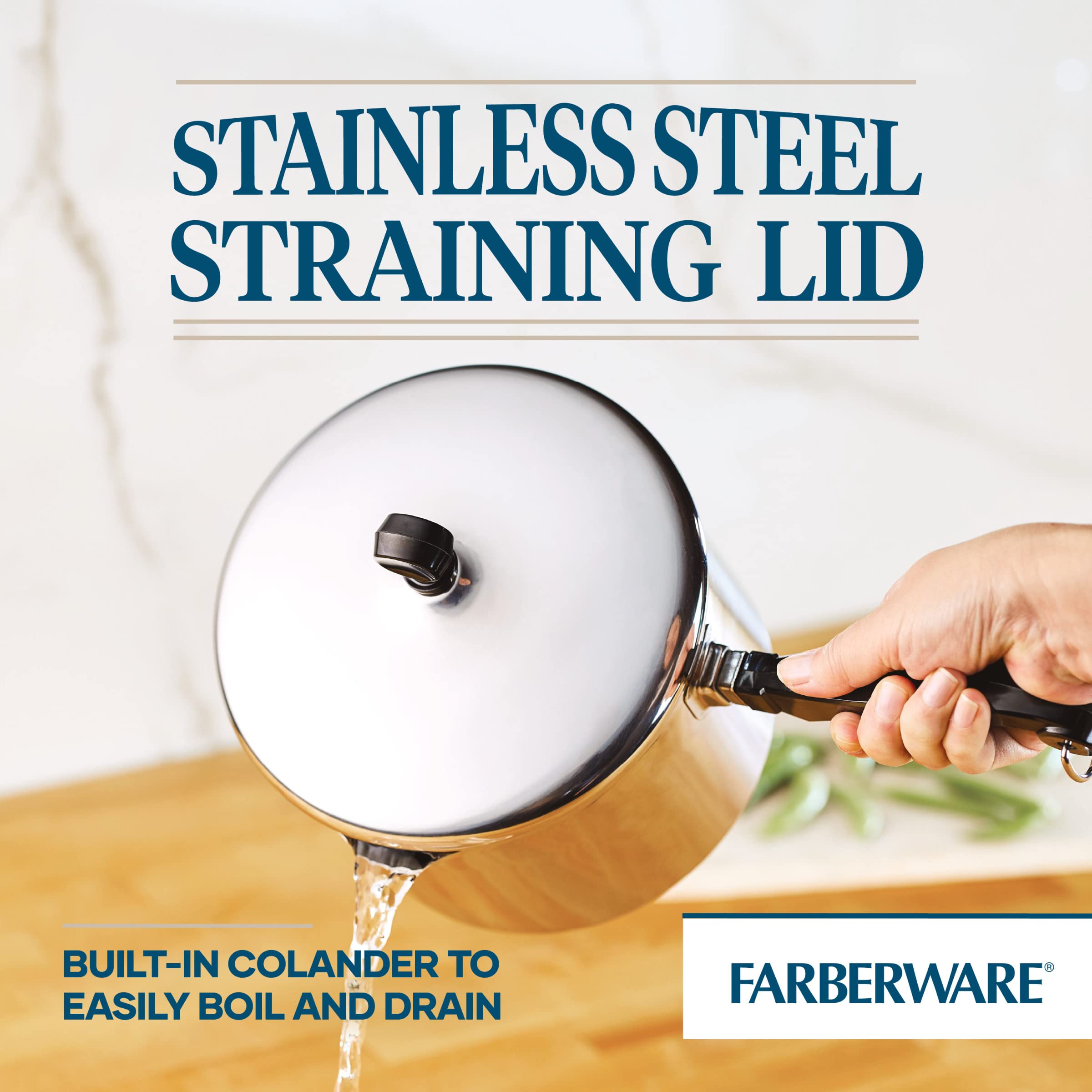 Farberware narrow deep spout for controlled straining of pasta and vegetables
