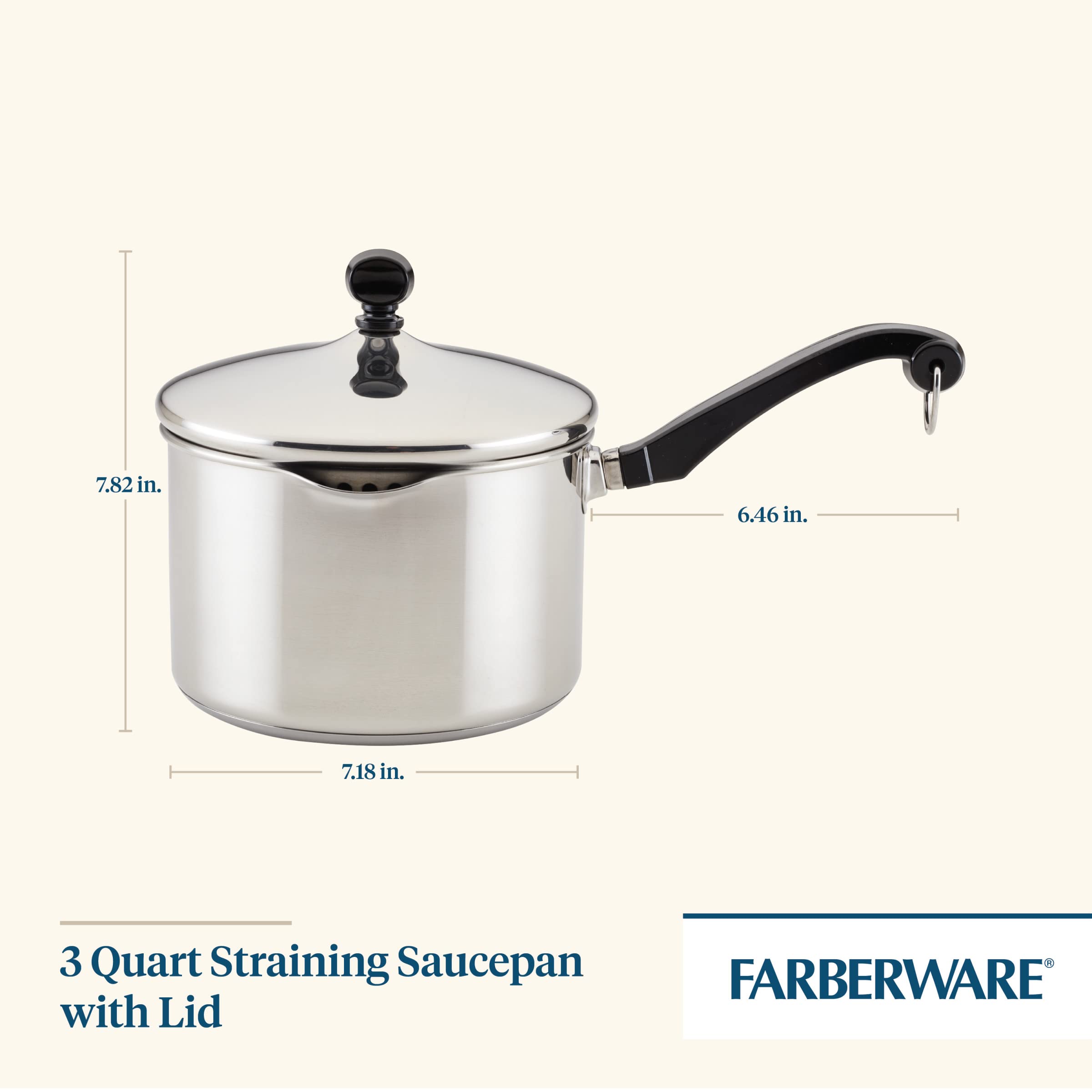 Farberware lid close-up showing rotating strainer and simple twist-to-drain benefit
