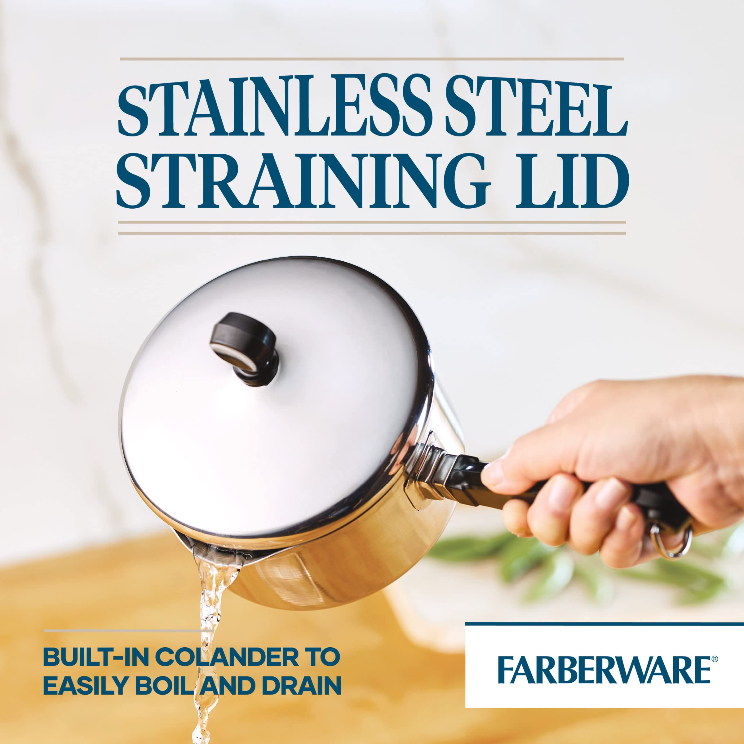 Farberware underside of saucepan showing full-cap base and aluminum core for even heating