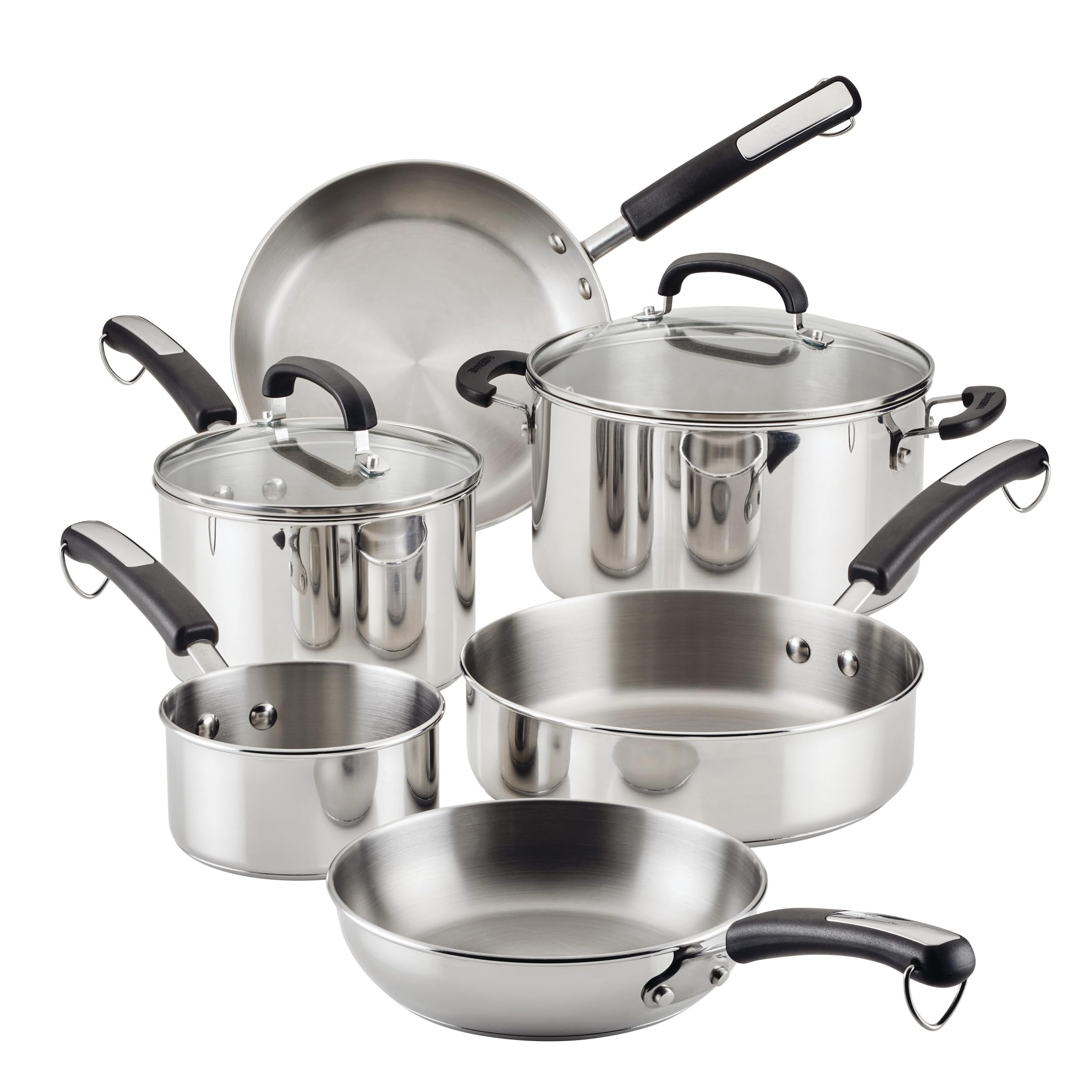 Farberware Brilliance full set front view showing polished stainless and complete pieces, durable performance