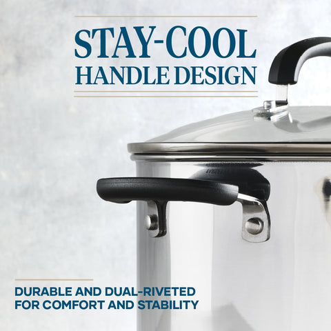 Farberware handle close-up showing dual rivets and hanging loop for secure grip and storage