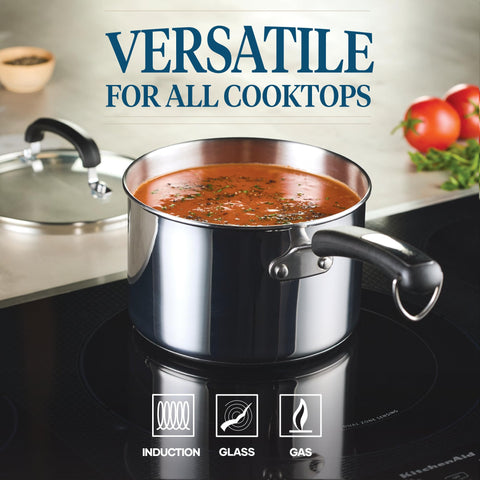 Farberware saucepan with lid in place showing sealed base and tight moisture retention for sauces