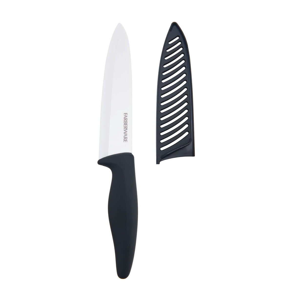 Farberware ceramic 6-inch chef knife front view showing blade and comfortable soft-grip handle