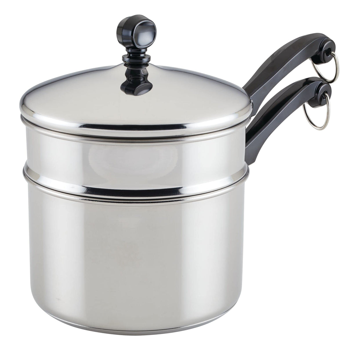 Farberware front view with lid showing polished finish and versatile two‑in‑one benefit