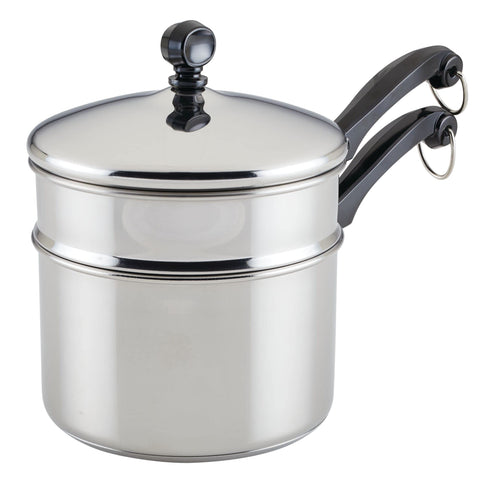 Farberware front view with lid showing polished finish and versatile two‑in‑one benefit