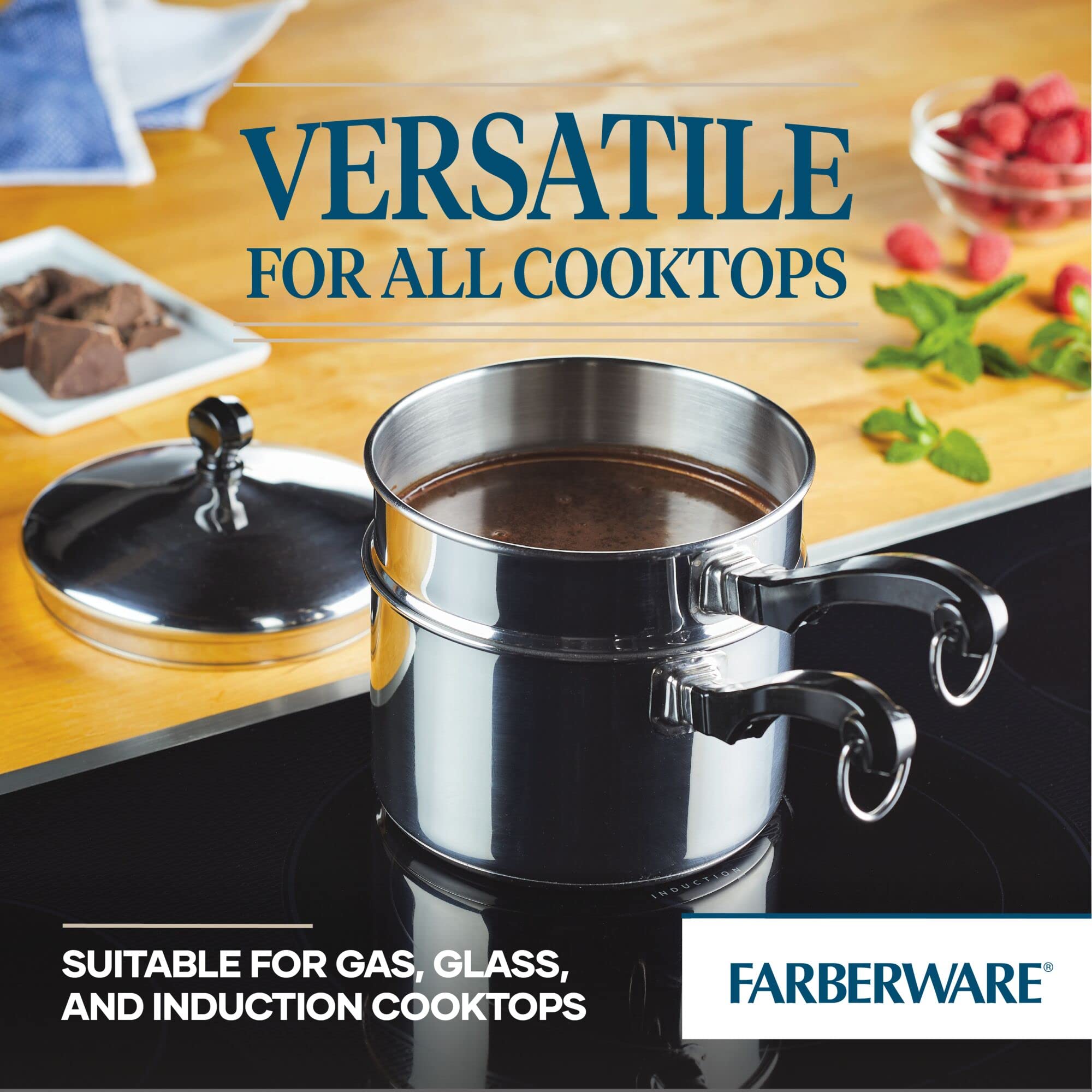 Farberware insert seated in pan demonstrating stable fit for indirect heating
