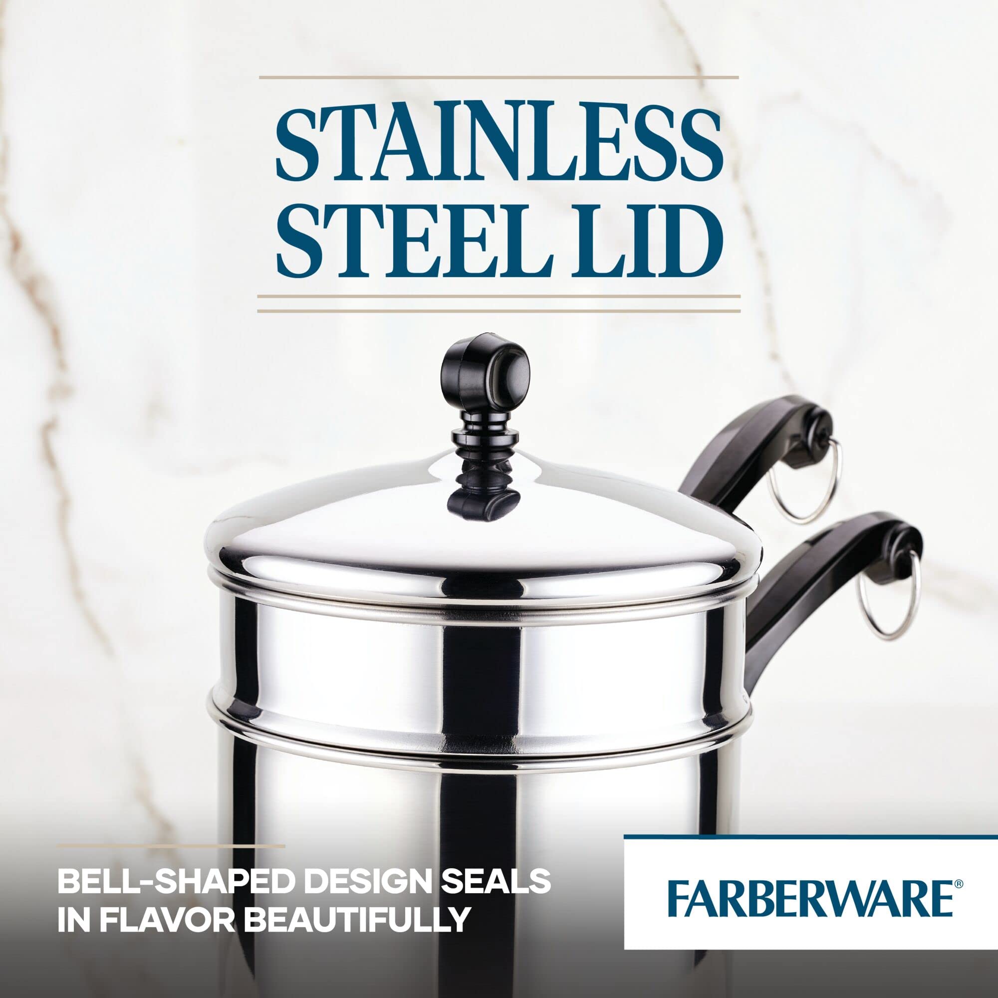 Farberware interior polished saucepan surface that resists sticking and cleans easily