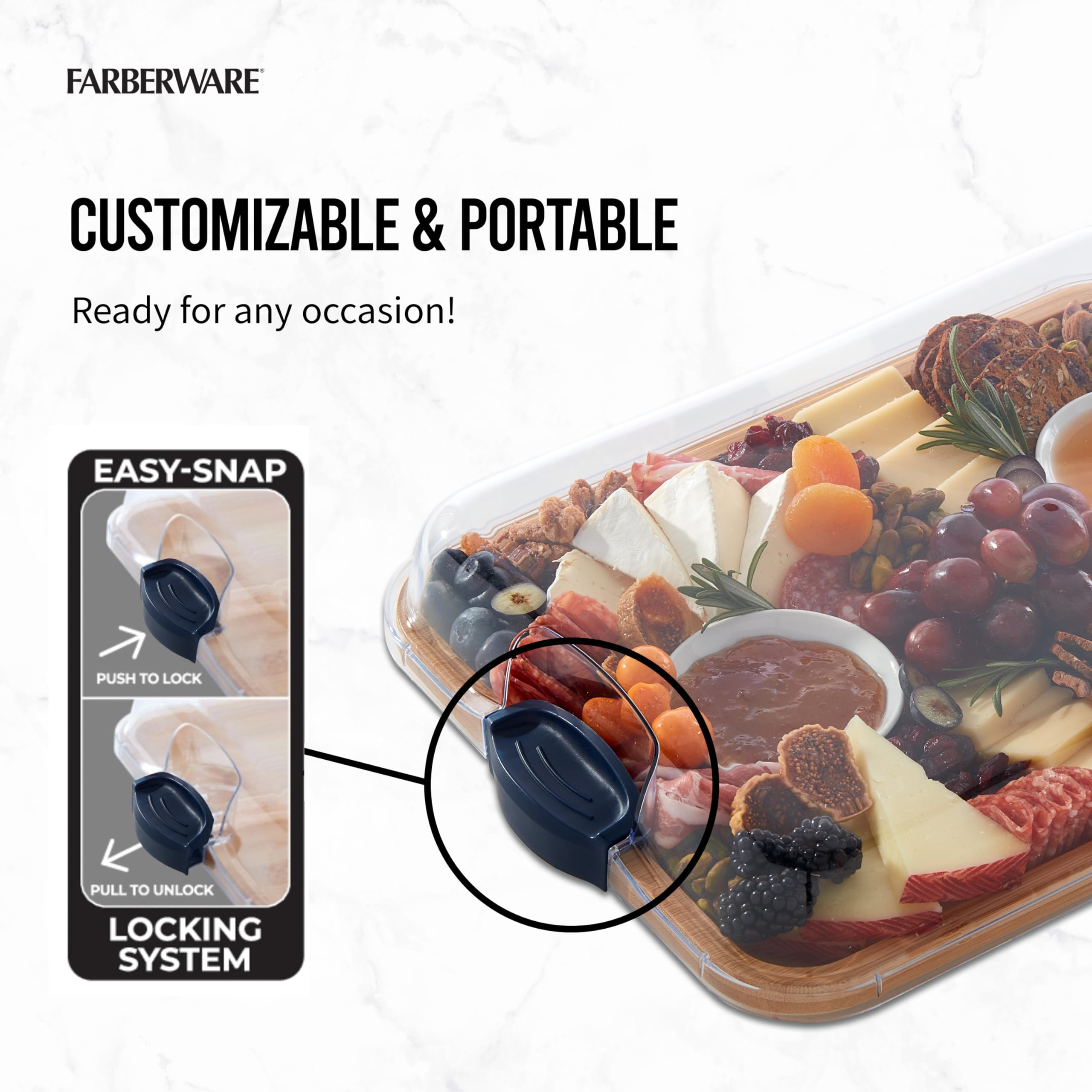 Farberware clear SAN lid locked on board protecting food during transport