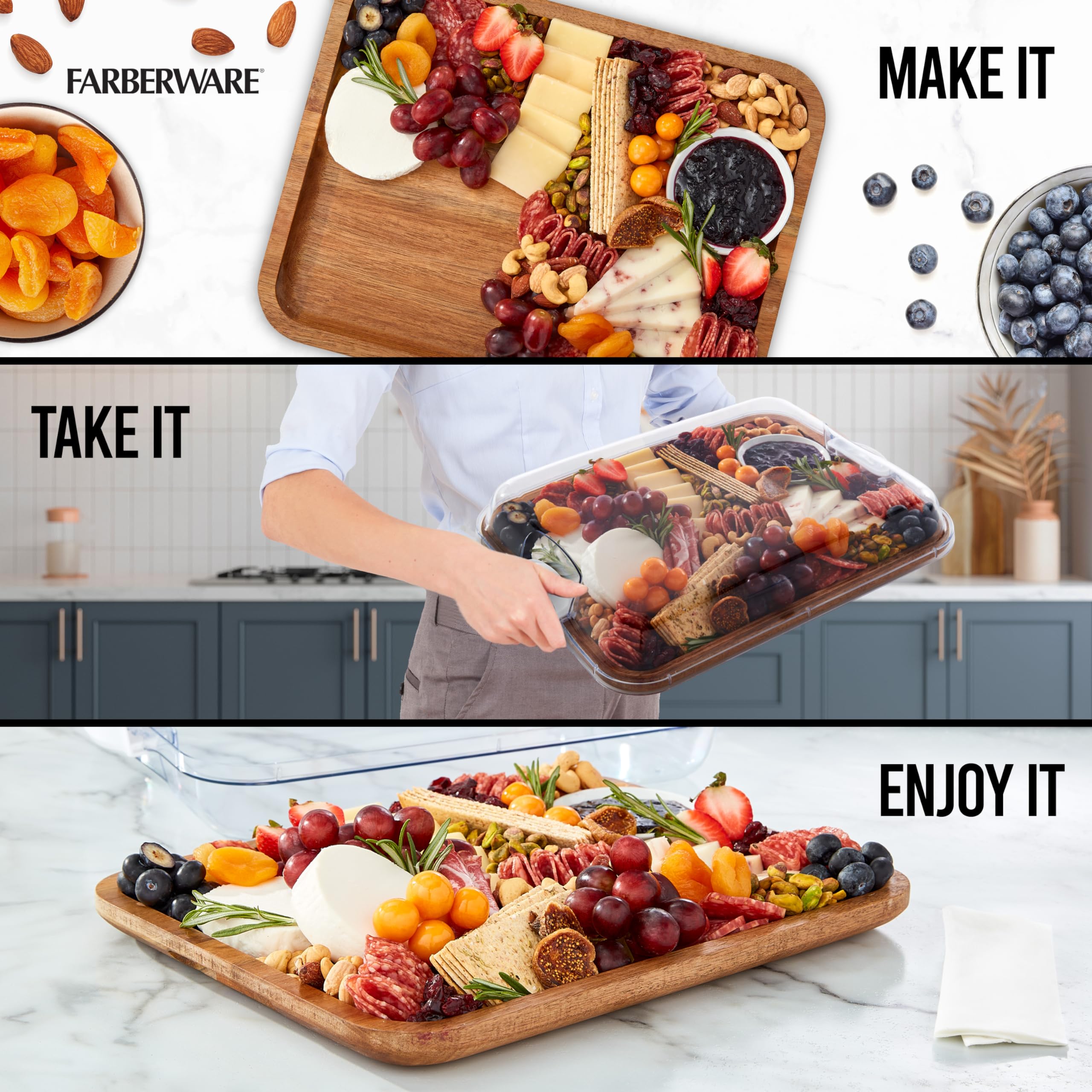 Farberware clear lid locked on board protecting food for safe transport and convenience