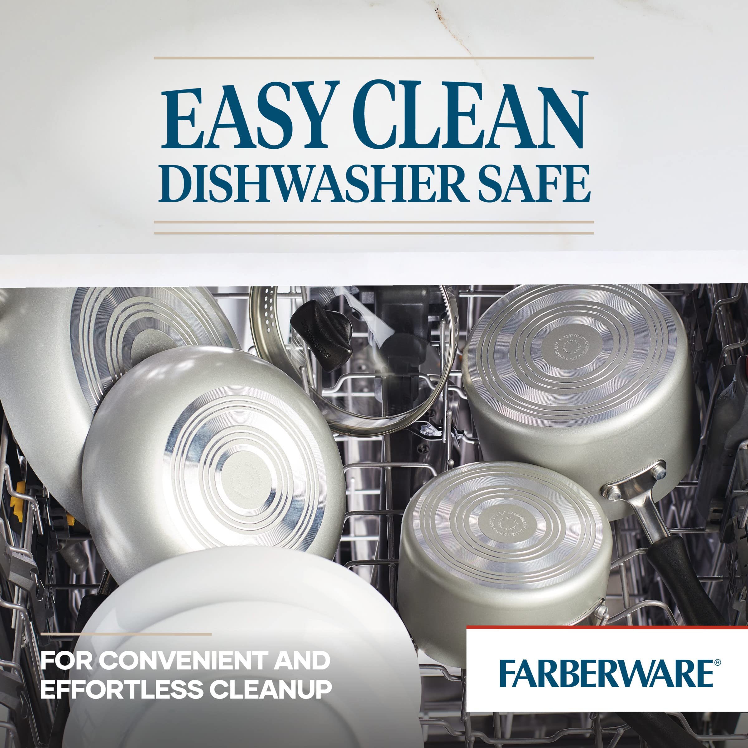 Farberware Cookstart pans next to utensils to illustrate scale and kitchen-ready convenience