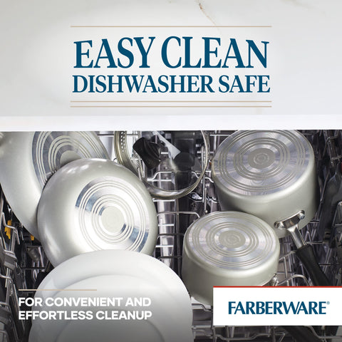Farberware Cookstart pans next to utensils to illustrate scale and kitchen-ready convenience