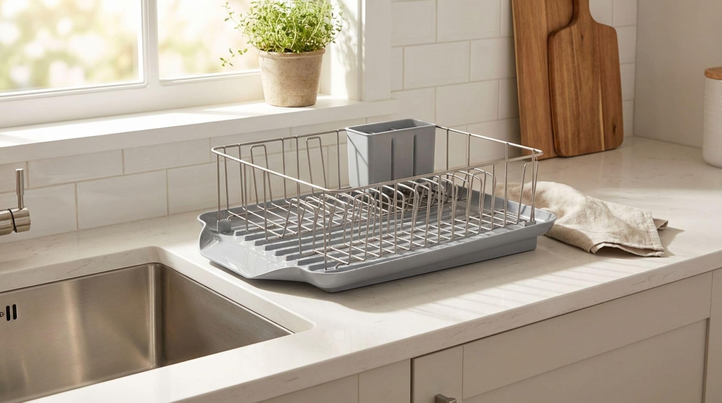 Farberware dish rack in use on kitchen countertop providing tidy drying area