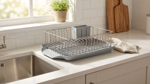 Farberware dish rack in use on kitchen countertop providing tidy drying area