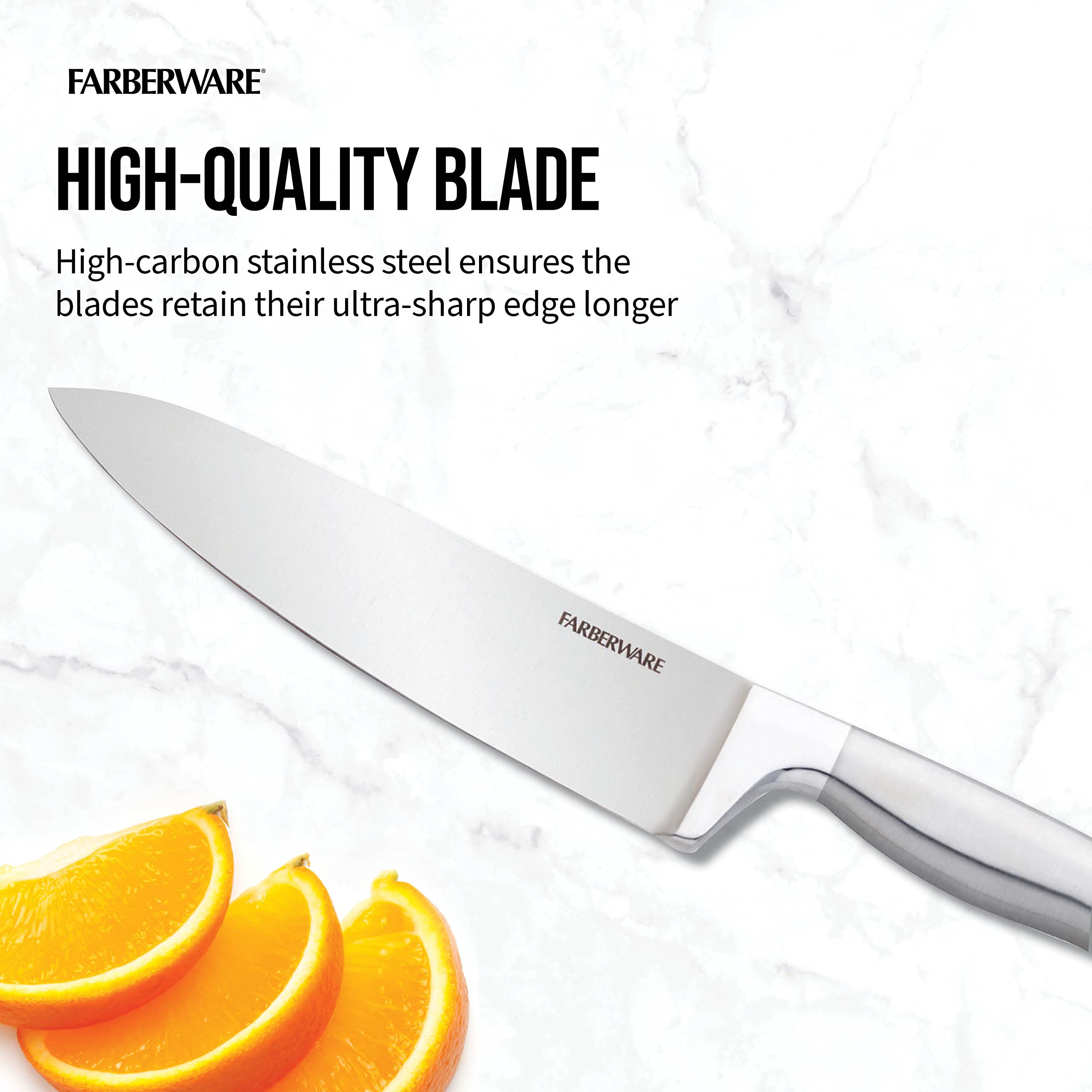 Farberware block detail revealing built-in ceramic sharpener for constant honing