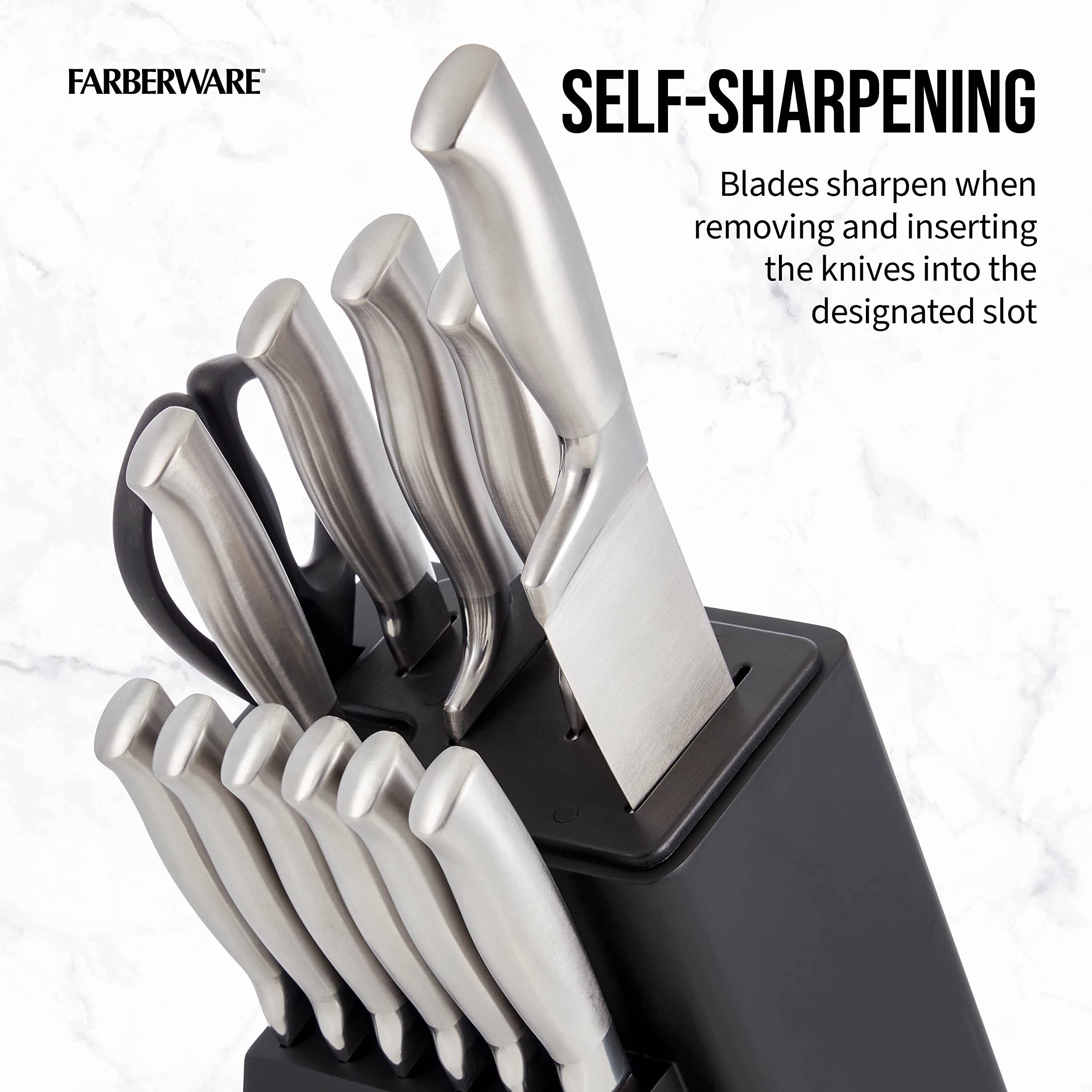 Farberware six steak knives arranged for table service and consistent slicing