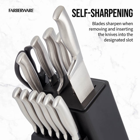 Farberware six steak knives arranged for table service and consistent slicing
