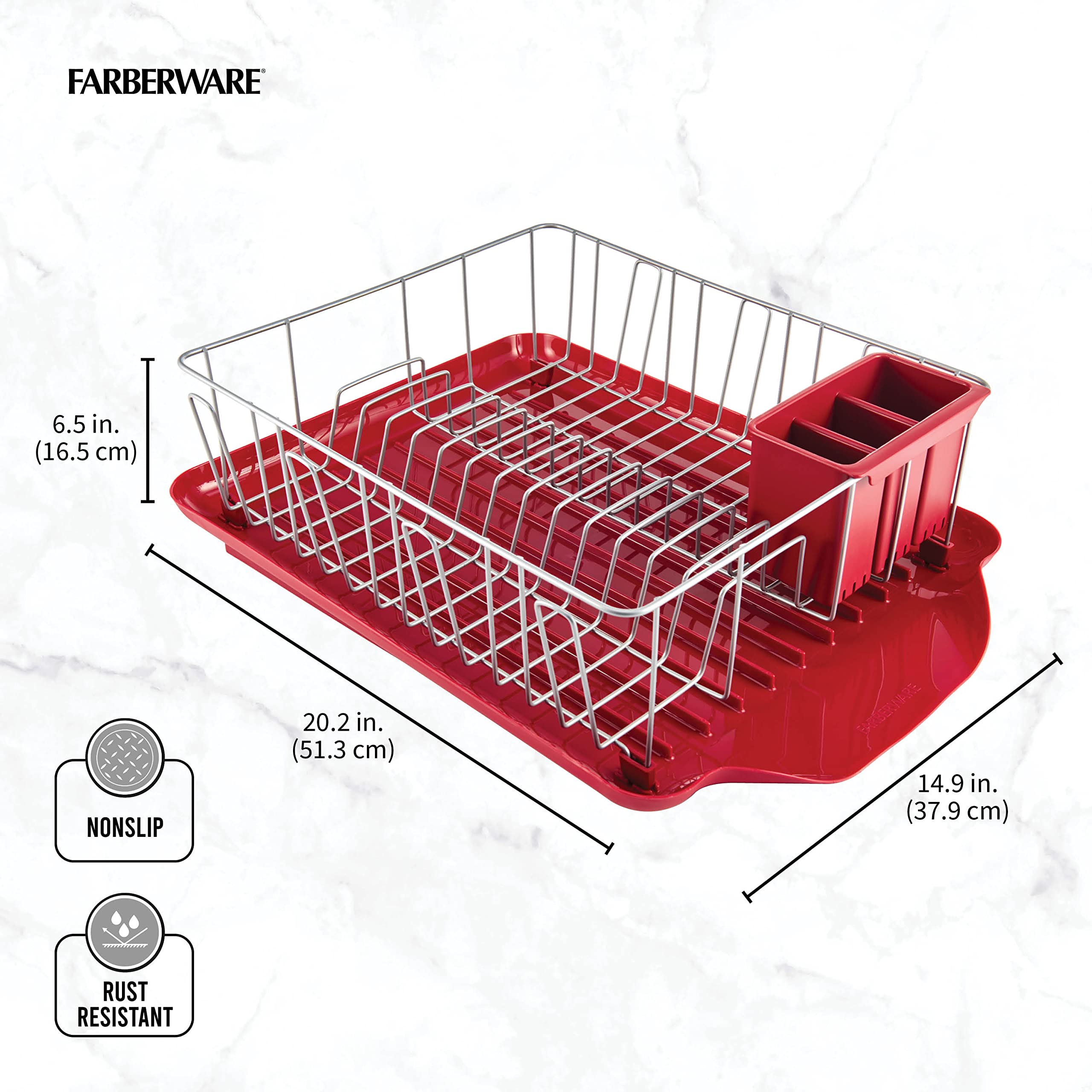 Farberware empty rack beside a ruler showing compact storage scale