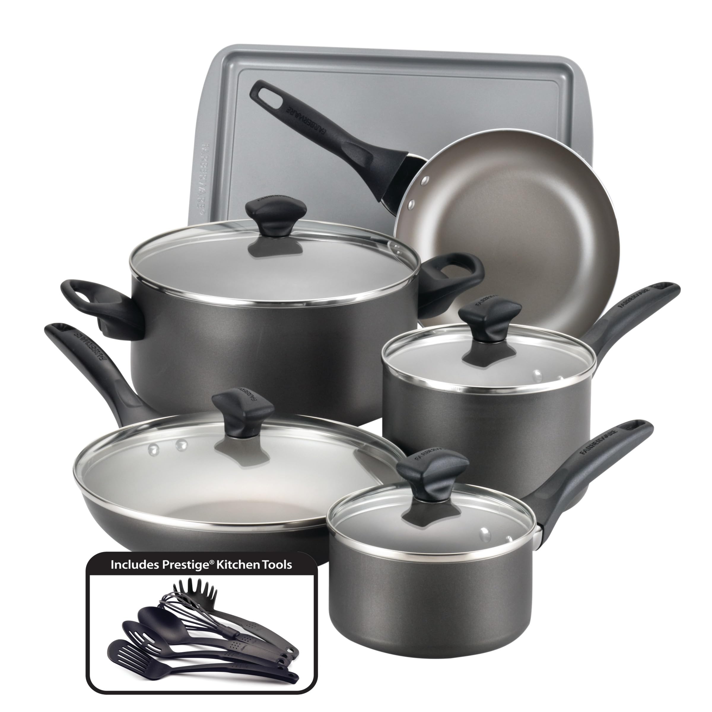 Farberware front view of 15-piece cookware set showing pots pans lids and utensils for complete kitchen setup