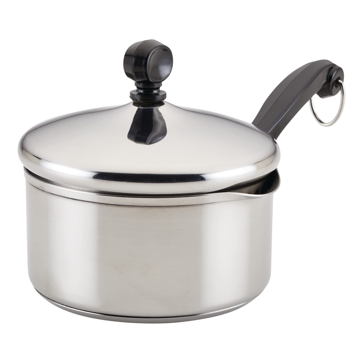 Farberware front view of 1-quart saucepan showing polished finish and lid, easy cleaning benefit