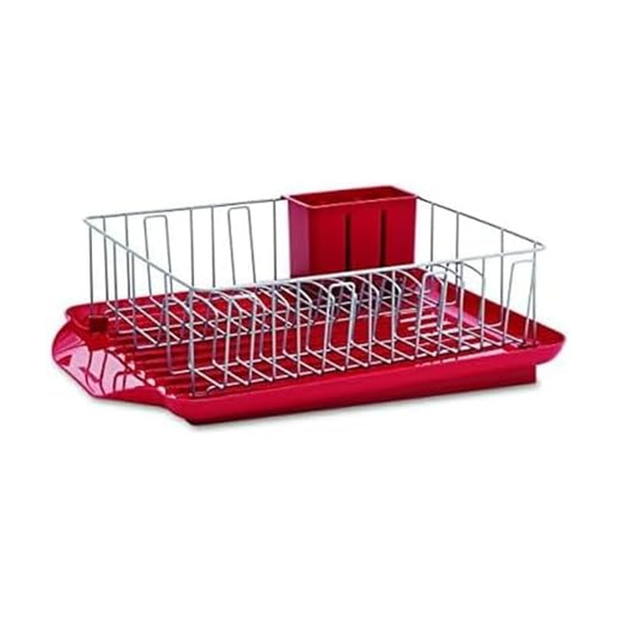 Farberware front view of large red dish rack showing capacity and organization