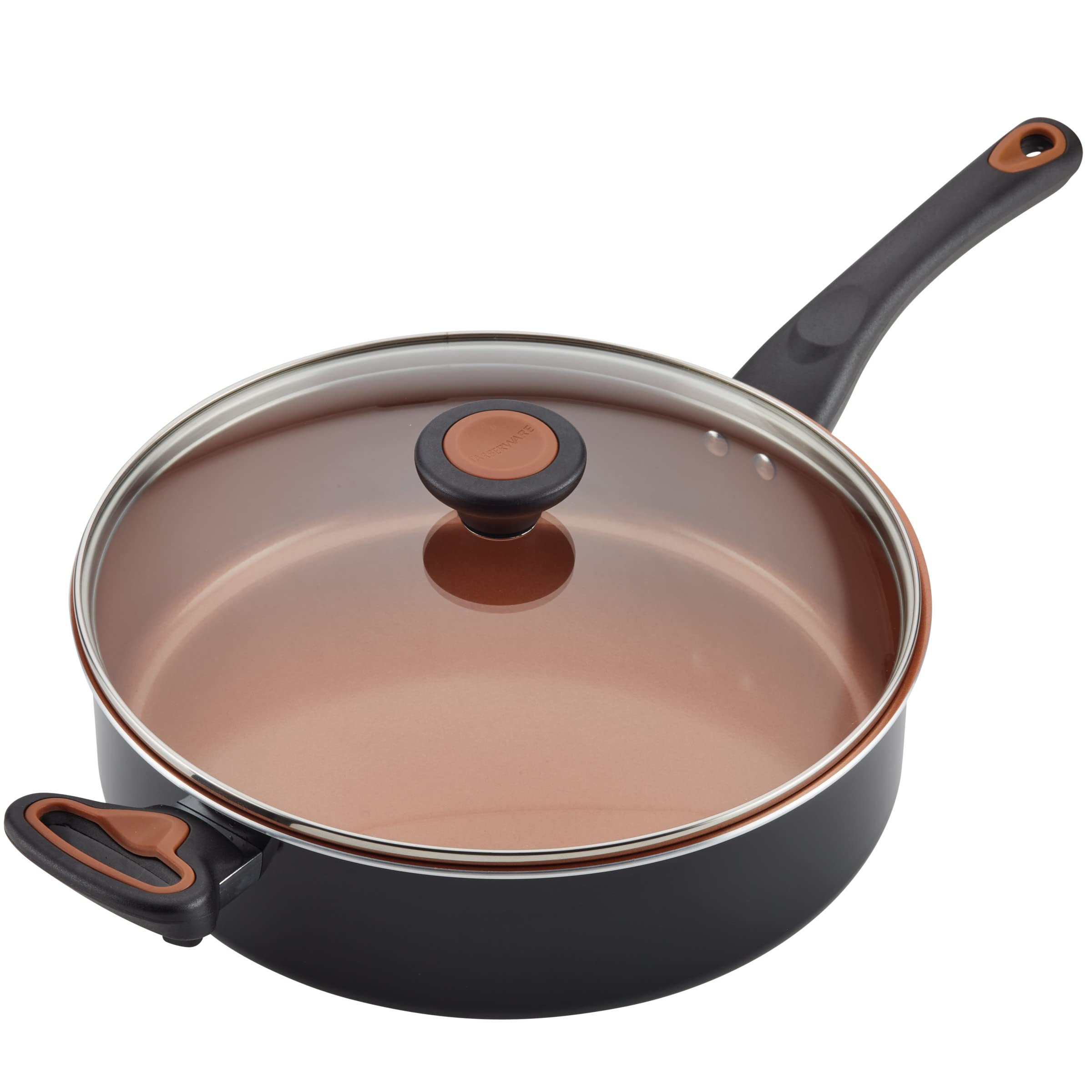 Farberware Glide sauté pan on stovetop cooking shrimp, even heating benefit