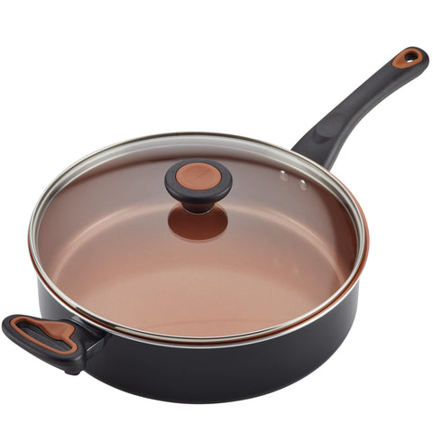 Farberware Glide sauté pan on stovetop cooking shrimp, even heating benefit