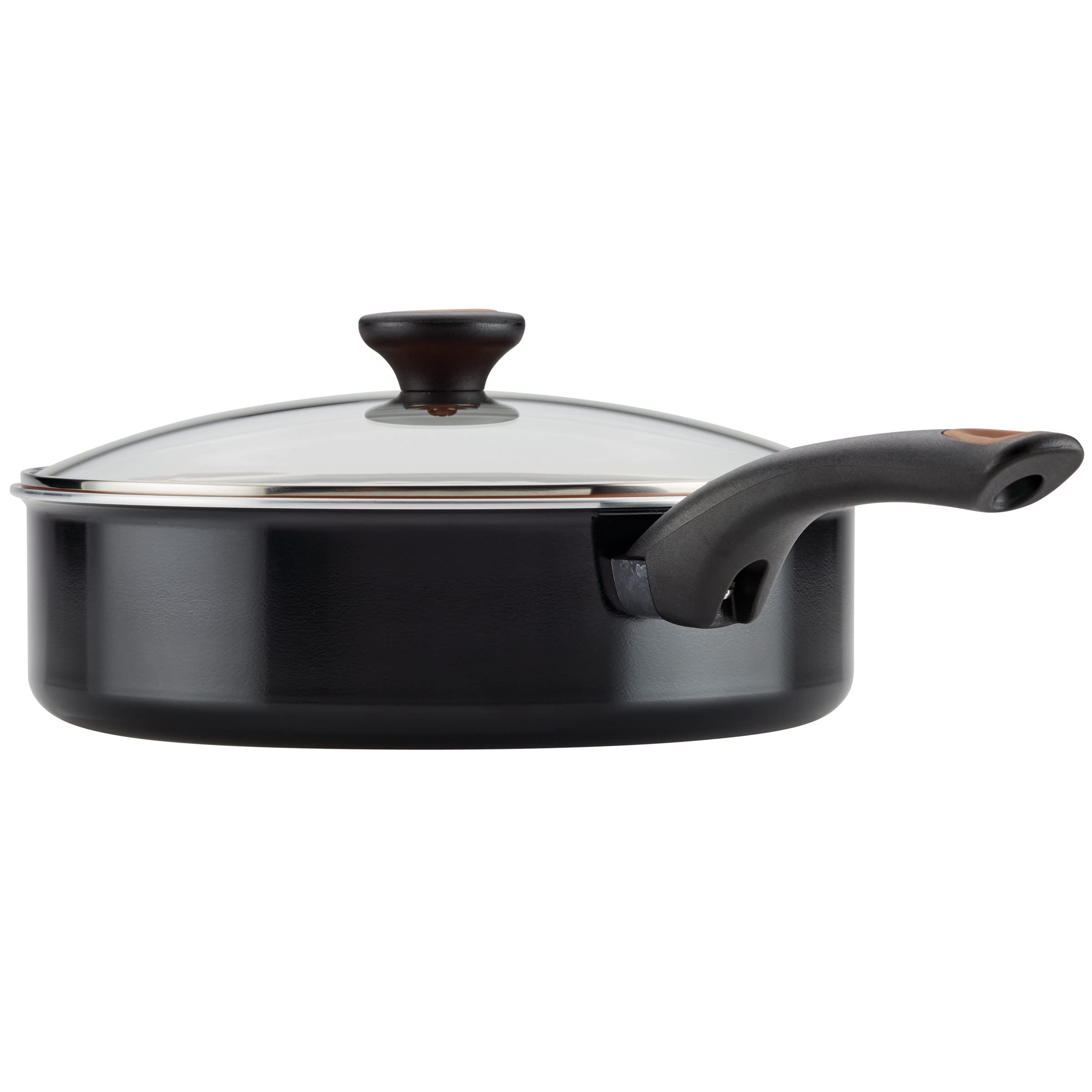 Farberware Glide finished dish plated beside pan, showcases easy serving