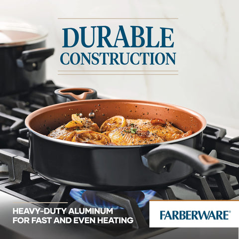 Farberware Glide pan with glass lid in place, retains heat and moisture