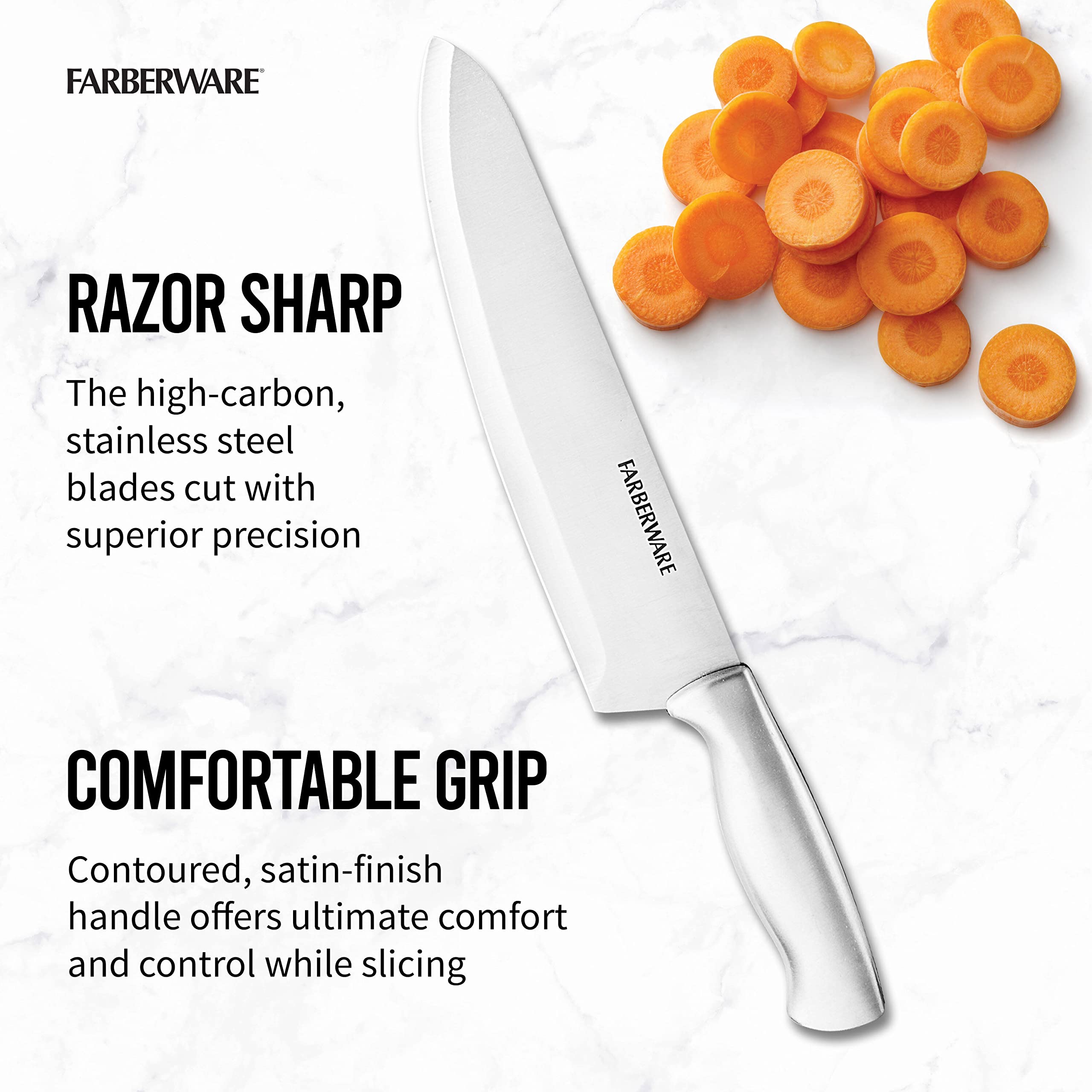Farberware satin-finish handle detail demonstrating ergonomic grip for reduced fatigue