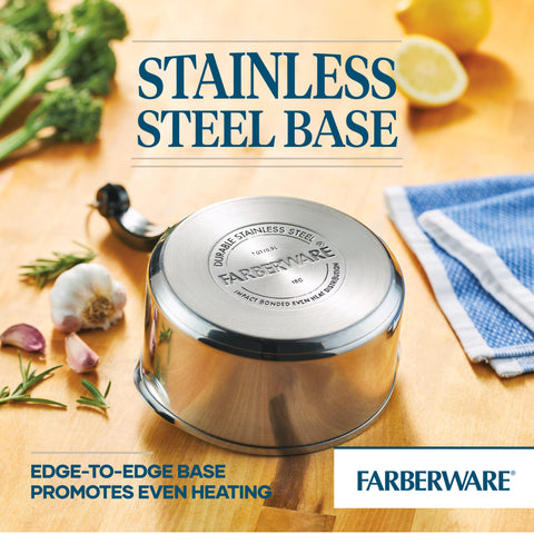 Farberware handle close-up showing ergonomic grip for confident pouring and comfortable use