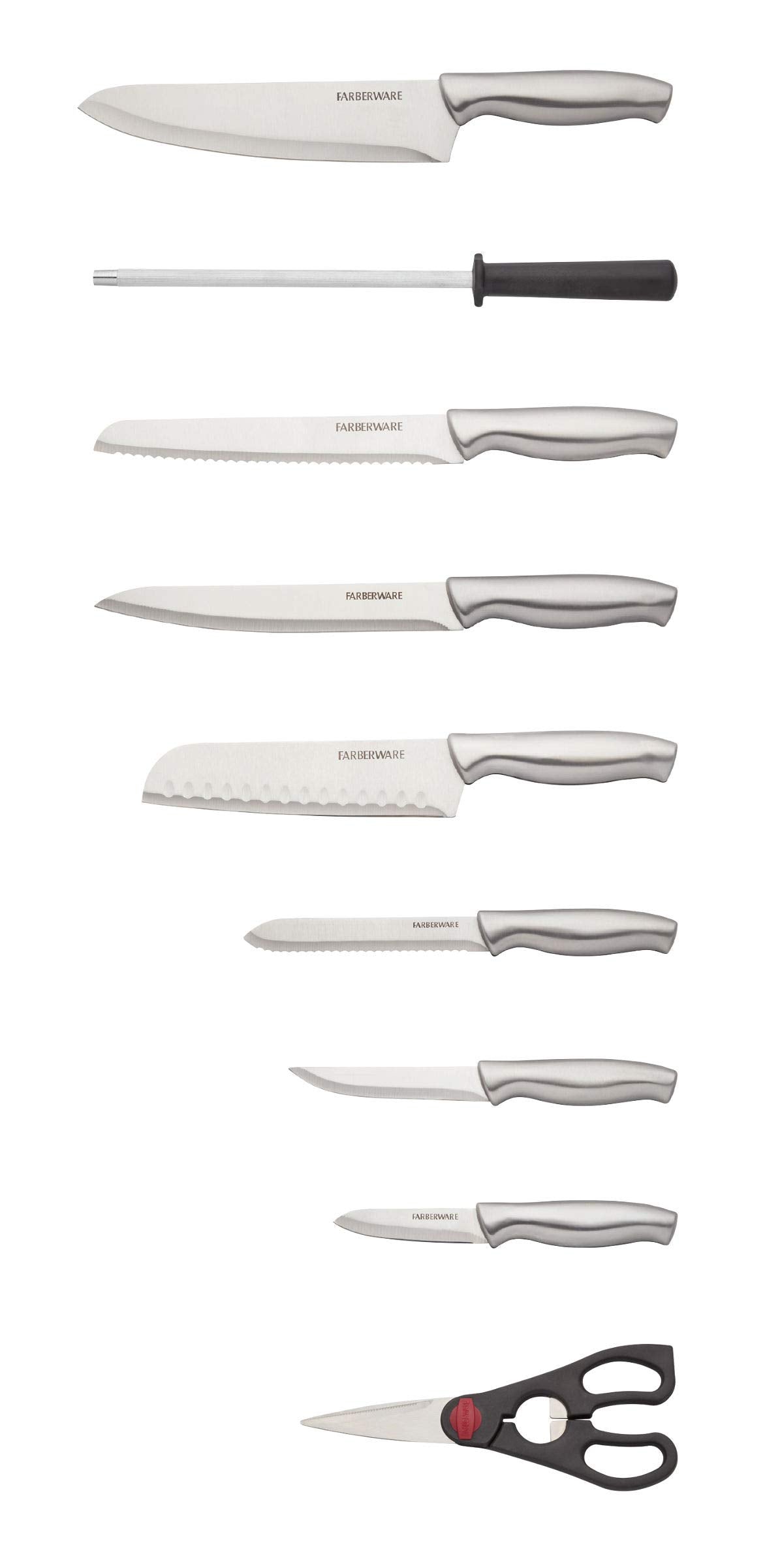 Farberware brushed stainless steel handle detail offering comfortable secure grip