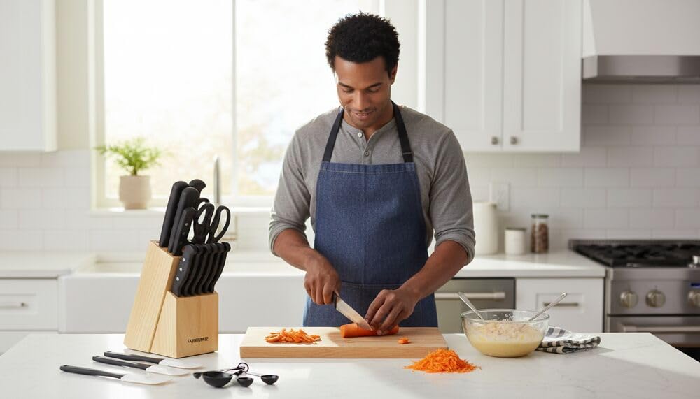 Farberware kitchen shears and sharpening steel set out to show convenient maintenance