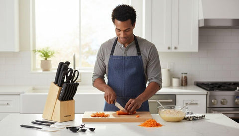 Farberware kitchen shears and sharpening steel set out to show convenient maintenance
