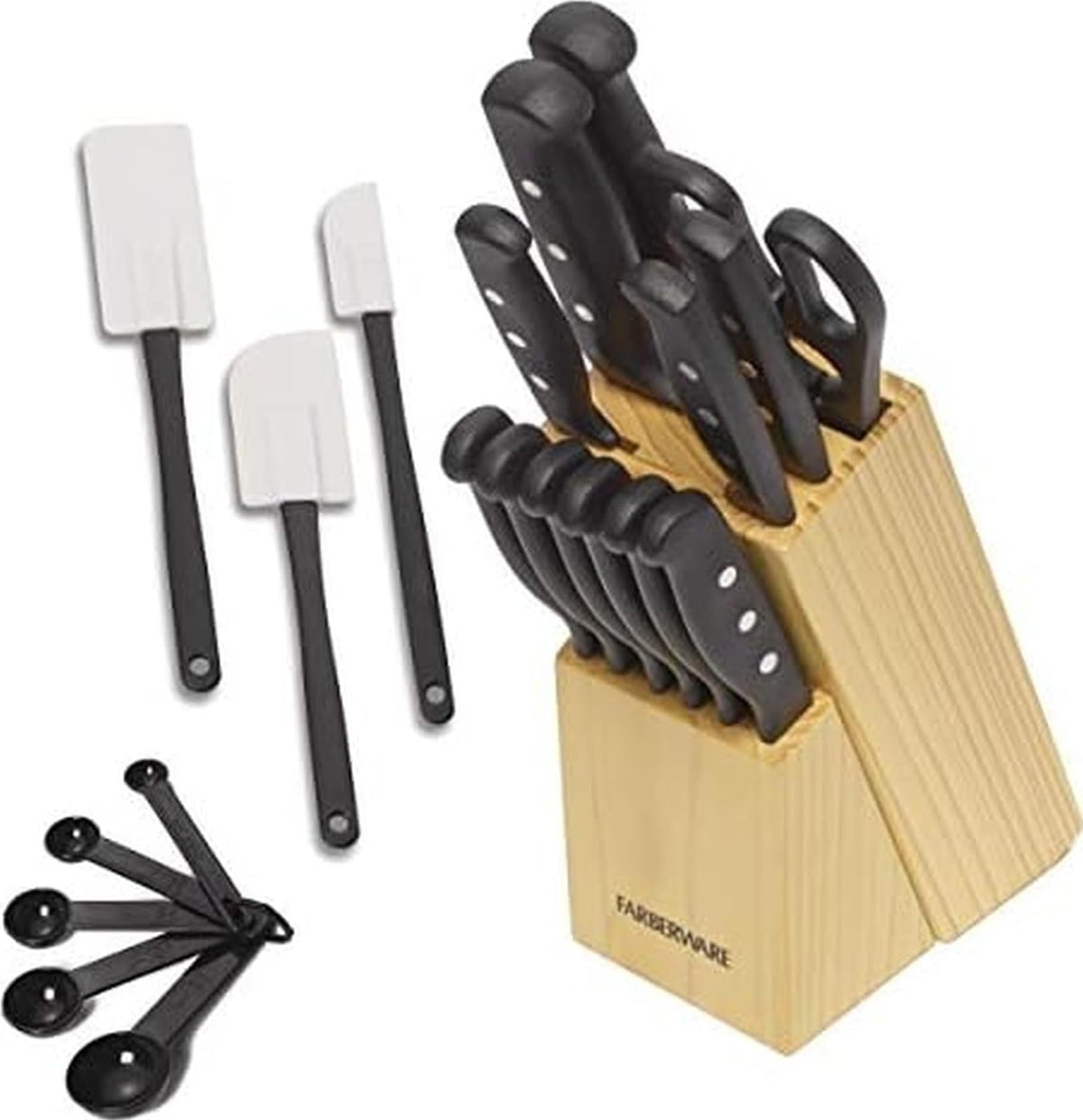 Farberware front view of knife block set showing complete collection and tidy storage benefits