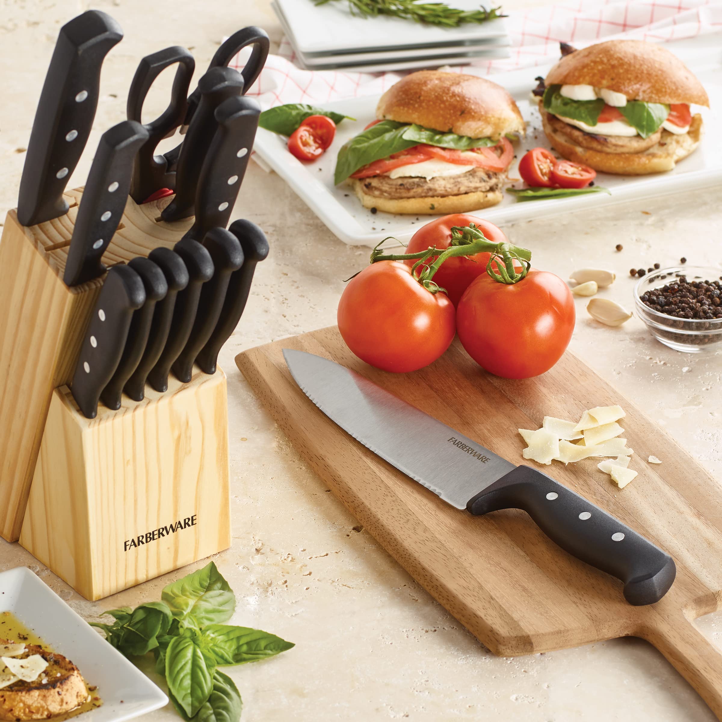 Farberware knives slicing vegetables on a wood board to show precise chopping results