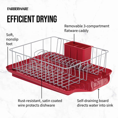 Farberware red dish rack in kitchen setting demonstrating everyday use
