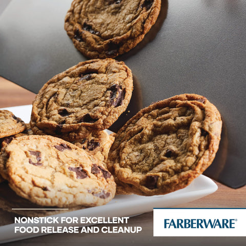 Farberware pan in oven with layer cakes baking evenly at 450°F