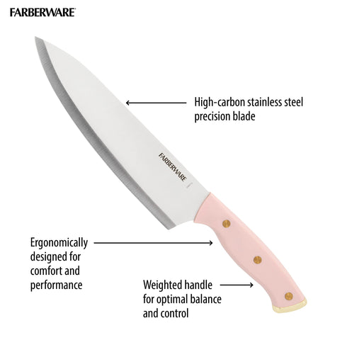 Farberware knife set beside common kitchen items to illustrate real-life size and scale