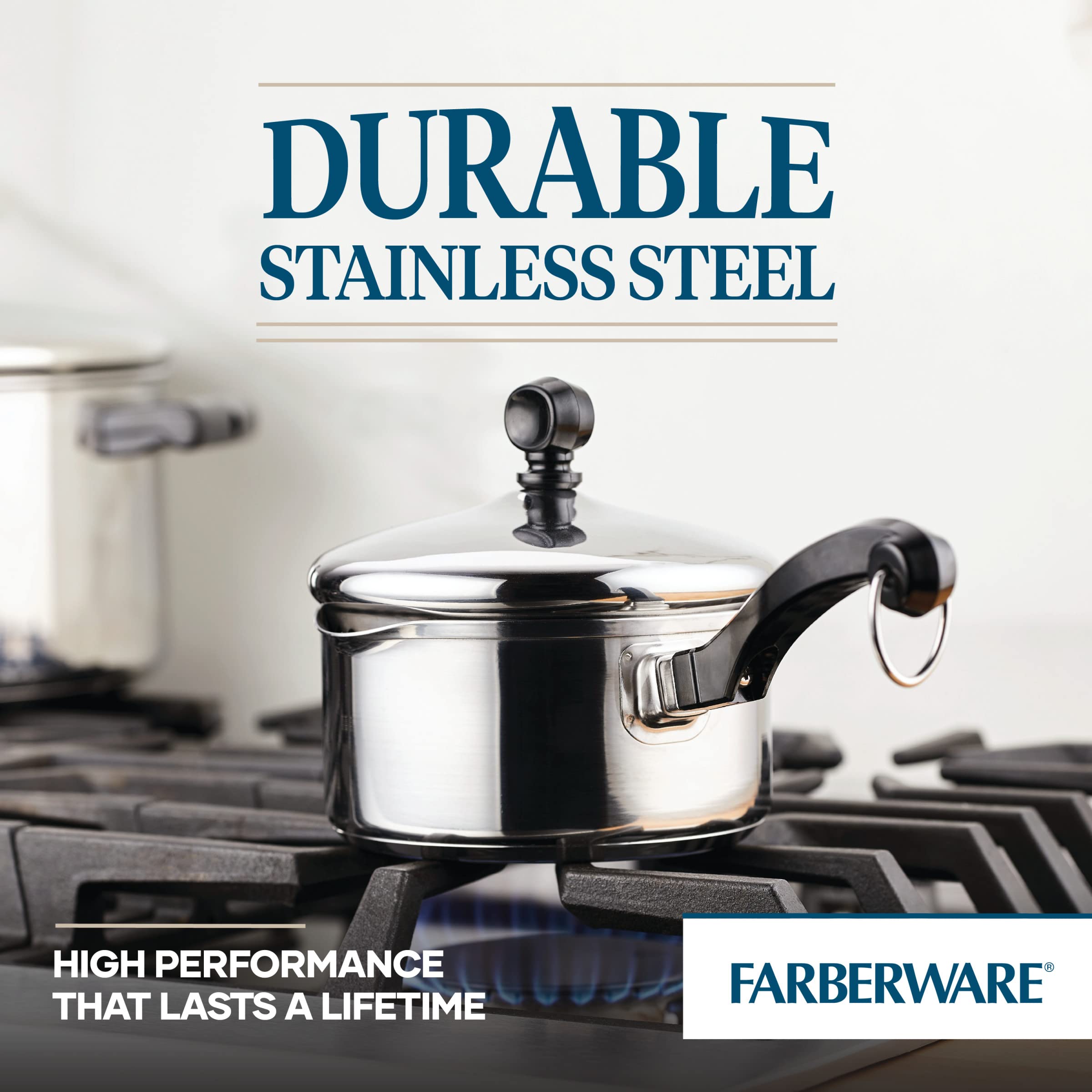 Farberware saucepan beside measuring cup showing 1-quart scale for portion and storage planning