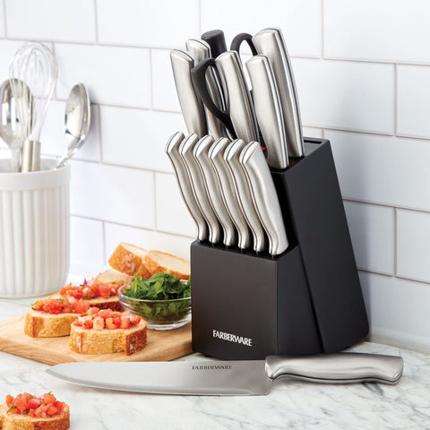 Farberware steak knives displayed on dinner table offering smooth, even cuts