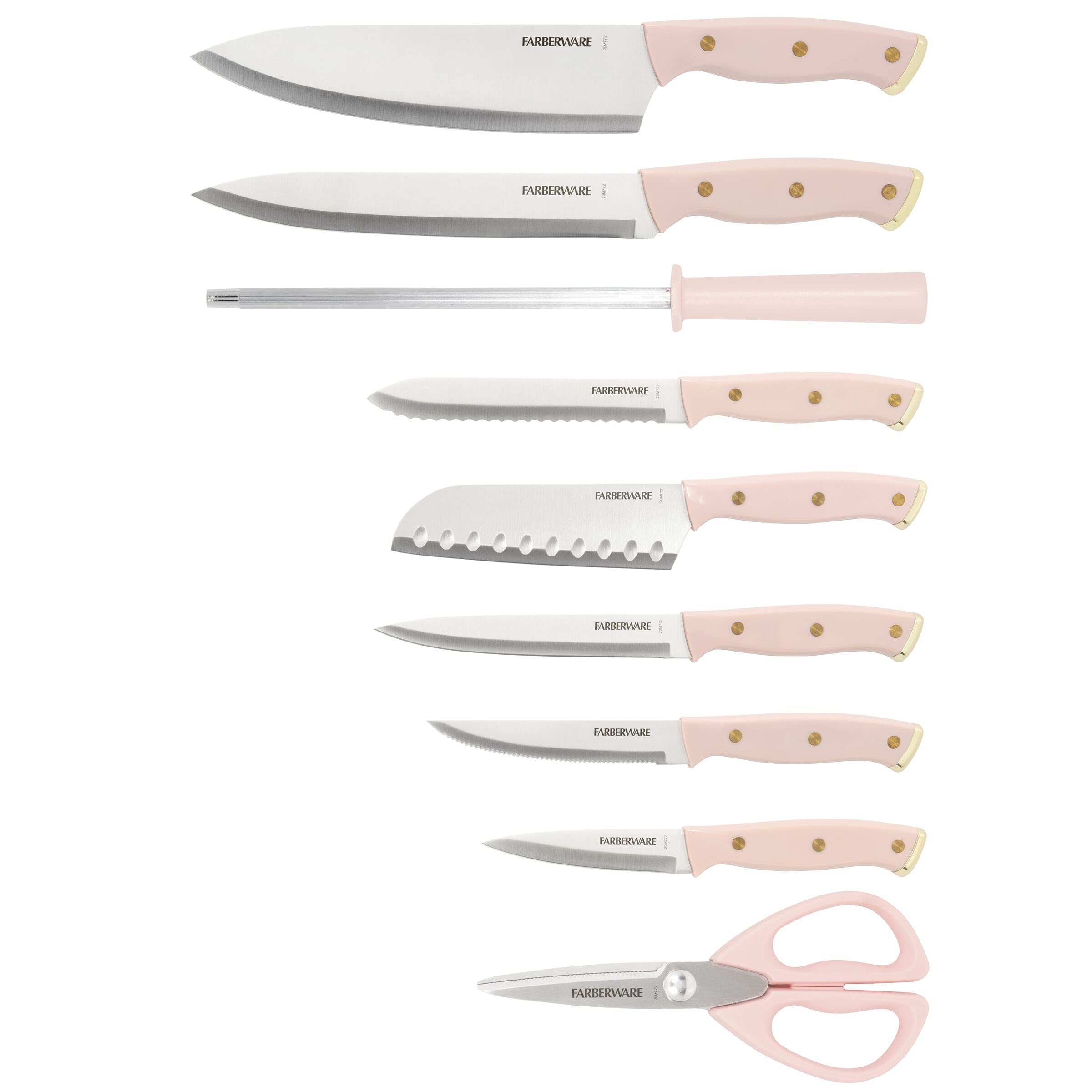 Farberware six steak knives lined up demonstrating consistent edges and dining readiness