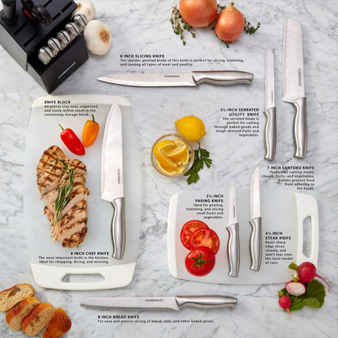 Farberware six steak knives arranged at dining table for clean slicing