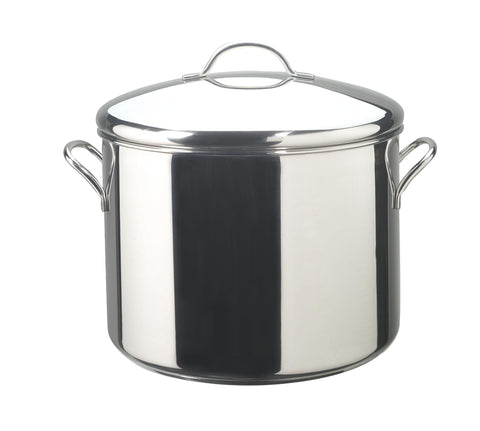 Farberware front view showing polished stainless steel and capacity benefit