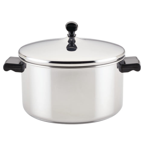 Farberware front view of 6-quart stainless stockpot showing polished finish and capacity benefit