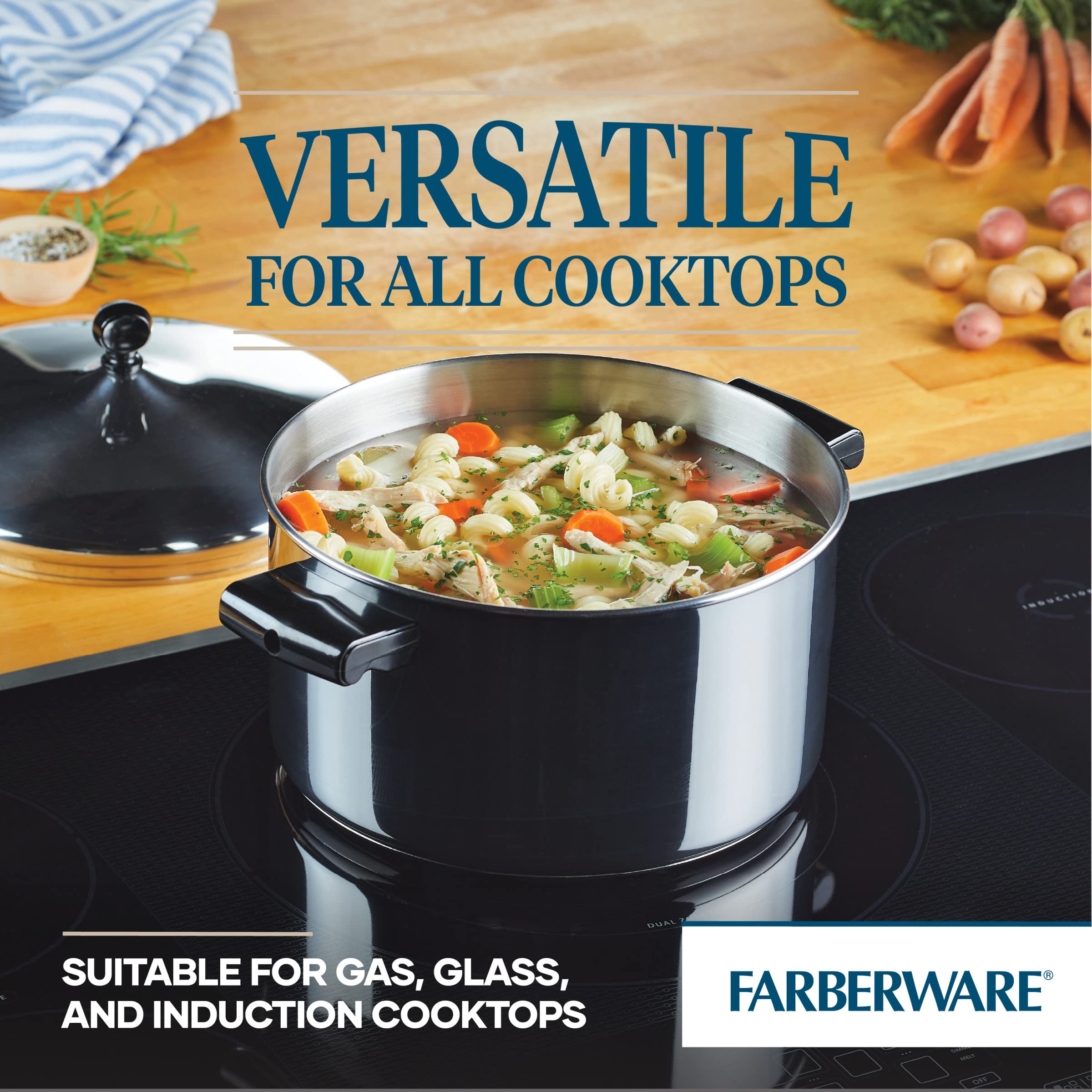 Farberware handle detail emphasizing secure grip and oven-safe convenience